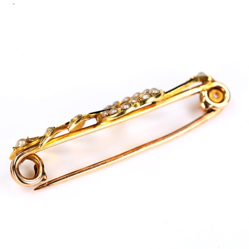 204 - A Victorian unmarked gold and split-pearl heart and arrow brooch, brooch length 35.7mm, 2.7g