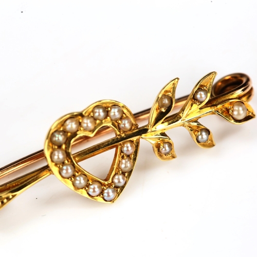 204 - A Victorian unmarked gold and split-pearl heart and arrow brooch, brooch length 35.7mm, 2.7g