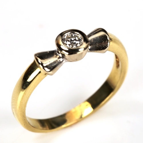 207 - A modern 0.1ct solitaire diamond dress ring, unmarked gold settings with bow tie design set with mod... 