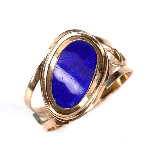 208 - A mid-19th century unmarked rose gold blue enamel panel mourning ring, back inscribed 