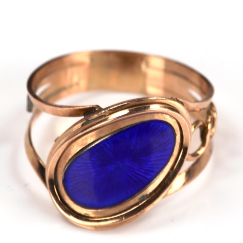 208 - A mid-19th century unmarked rose gold blue enamel panel mourning ring, back inscribed 