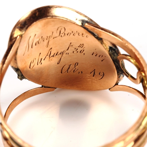 208 - A mid-19th century unmarked rose gold blue enamel panel mourning ring, back inscribed 