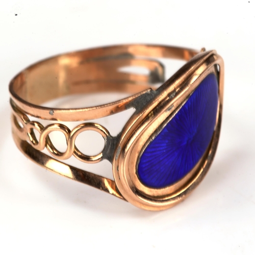 208 - A mid-19th century unmarked rose gold blue enamel panel mourning ring, back inscribed 