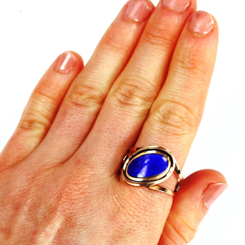 208 - A mid-19th century unmarked rose gold blue enamel panel mourning ring, back inscribed 