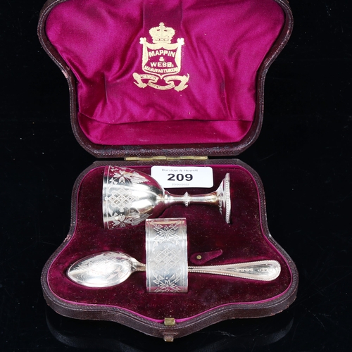 209 - A Mappin & Webb Victorian silver 3-piece christening set, comprising small chalice spoon and napkin ... 