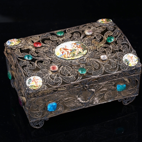 214 - A large 17th century German silver filigree casket, set with hand painted enamel plaques and coloure... 