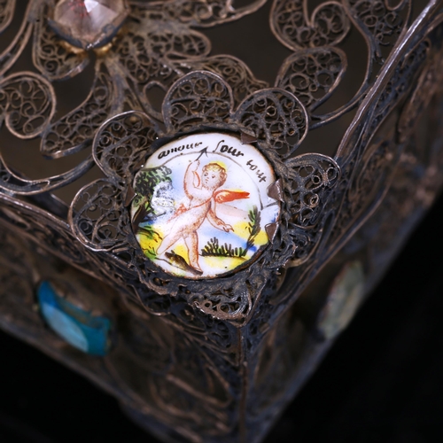 214 - A large 17th century German silver filigree casket, set with hand painted enamel plaques and coloure... 