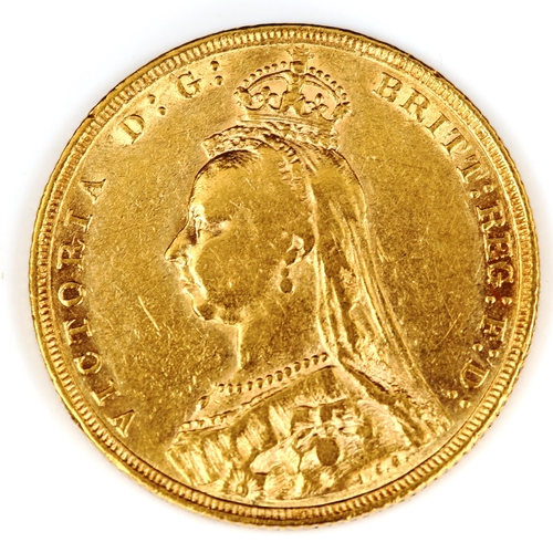 91 - A Victoria 1889 gold full sovereign coin, Jubilee Head, 7.9g