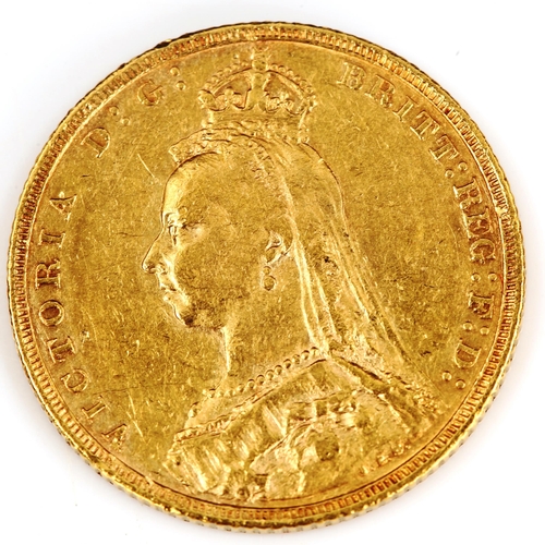 92 - A Victoria 1893 gold full sovereign coin, Jubilee Head, Melbourne Mint, 7.9g