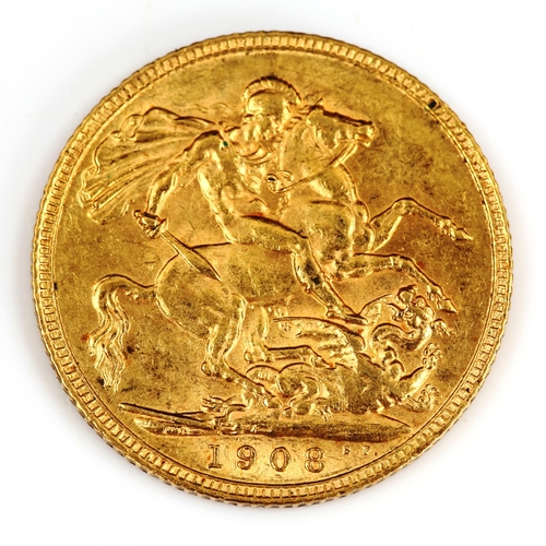 93 - An Edward VII 1908 gold full sovereign coin, 7.9g