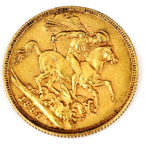 97 - A Victoria 1891 gold full sovereign coin, Jubilee Head, 7.9g