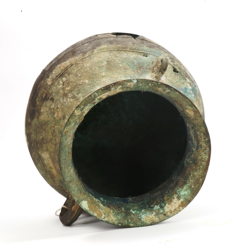 1003 - A Chinese Han Dynasty verdigris bronze cauldron with ring handles, height 17cm, rim diameter 12.5cm