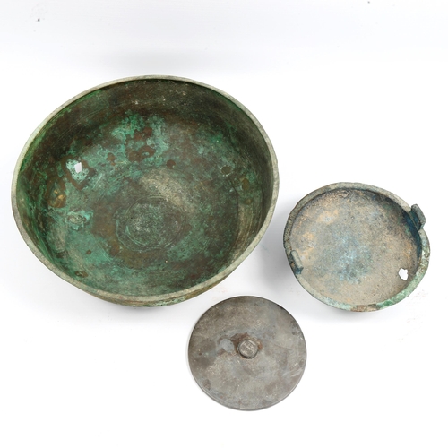 1004 - A Chinese Han Dynasty verdigris bronze bowl, diameter 24cm, a small bowl on 3 feet, diameter 13cm, a... 