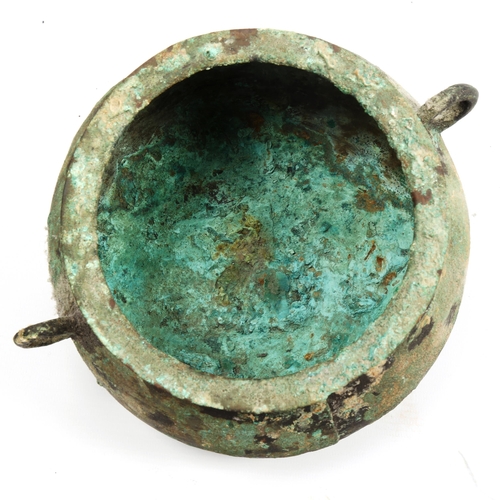 1005 - A Chinese Han Dynasty verdigris bronze cauldron with ring handles, diameter 19cm, rim diameter 16cm