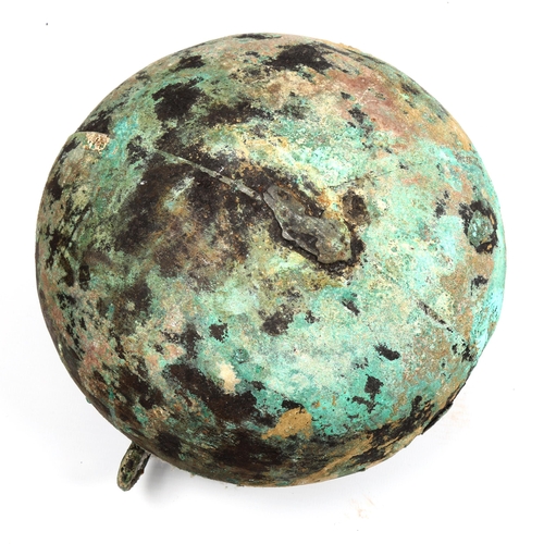 1005 - A Chinese Han Dynasty verdigris bronze cauldron with ring handles, diameter 19cm, rim diameter 16cm