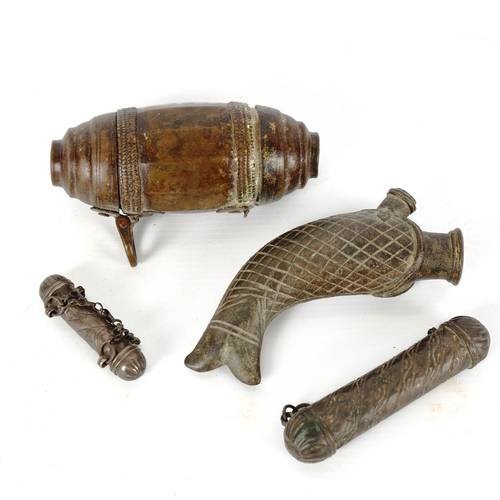 1011 - A group of African/Middle Eastern metal scroll cases, and a bronze fish design flask (length 13cm) (... 