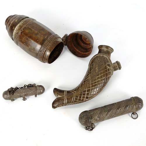 1011 - A group of African/Middle Eastern metal scroll cases, and a bronze fish design flask (length 13cm) (... 