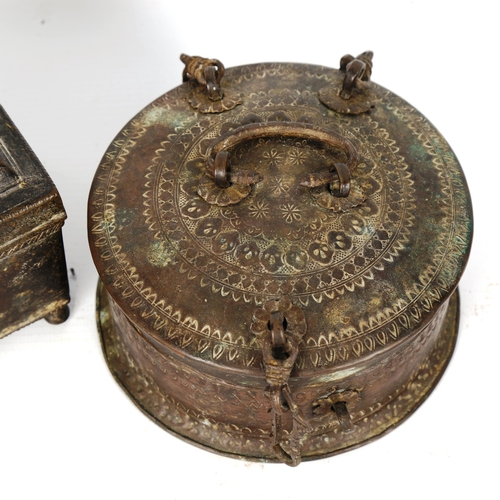 1014 - 2 African/Indian bronze/brass betel nut caskets, largest length 16cm (2)