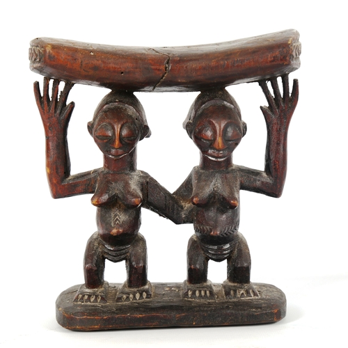 1020 - African carved wood Tribal headrest, Luba Zaire, supported by 2 standing figures, height 18cm