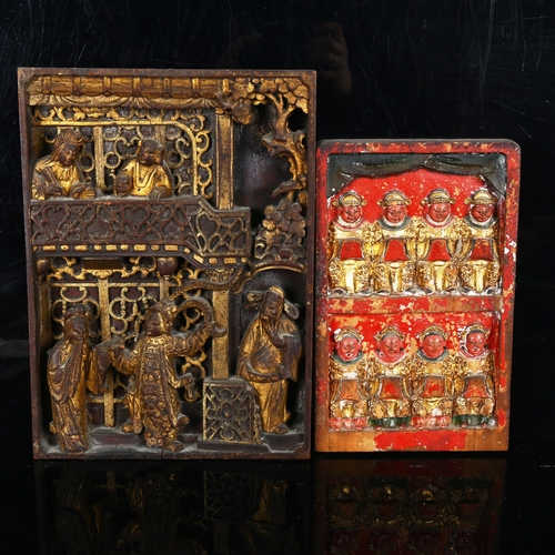 1032 - 2 x 19th century Chinese relief carved painted and gilded wood plaques, largest height 30cm (2)