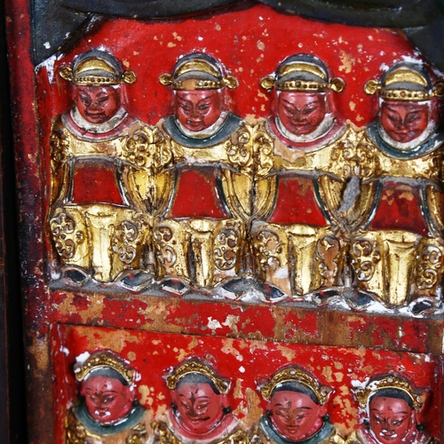 1032 - 2 x 19th century Chinese relief carved painted and gilded wood plaques, largest height 30cm (2)