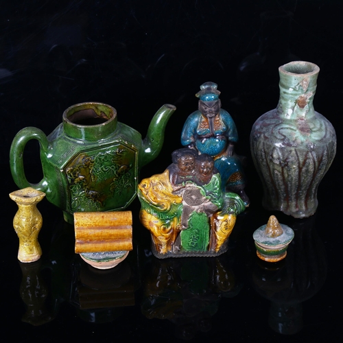 1036 - A group of Chinese glazed pottery items, vase height 16cm