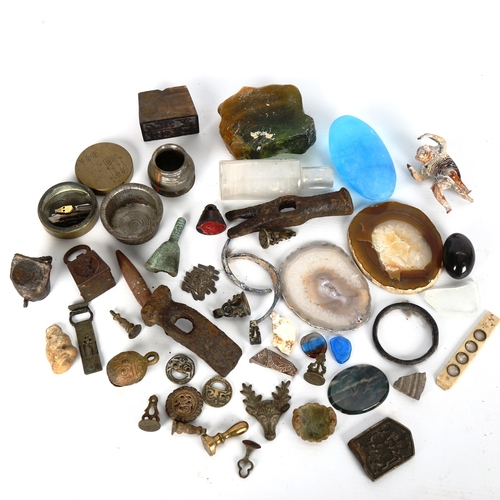 1054 - Miscellaneous group, including Chinese carved wood seal, mineral specimens and antiquities