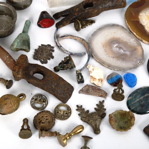 1054 - Miscellaneous group, including Chinese carved wood seal, mineral specimens and antiquities