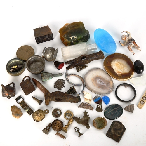 1054 - Miscellaneous group, including Chinese carved wood seal, mineral specimens and antiquities