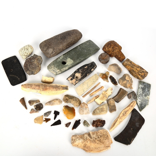 1058 - A collection of fossils, stone and flint hand axes and specimens (3 trays)