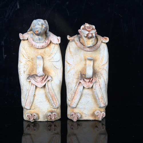 1069 - A pair of Chinese terracotta mythical standing figures, height 13cm