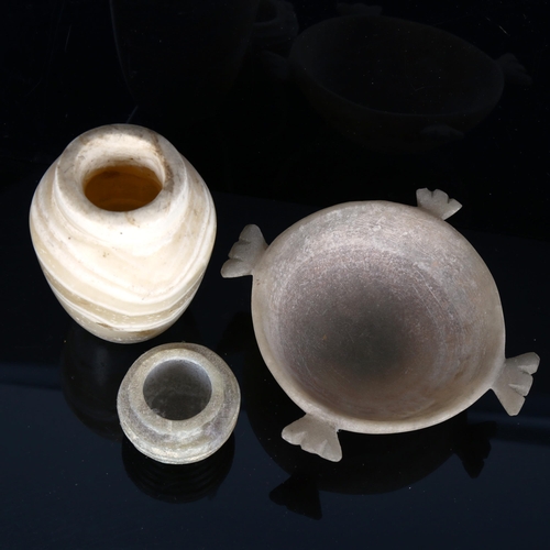 1071 - An early alabaster bowl with carved integral handles, diameter excluding handles 12cm, an early ribb... 