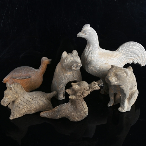 1079 - A group of Chinese Archaic style pottery animals, largest cockerel height 22cm (6)