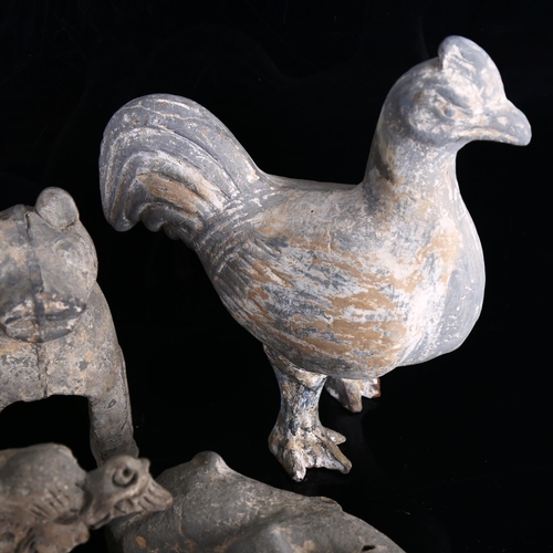 1079 - A group of Chinese Archaic style pottery animals, largest cockerel height 22cm (6)