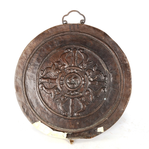 1084 - 19th century Indian brass wall plaque, with relief embossed panels depicting various gods, diameter ... 