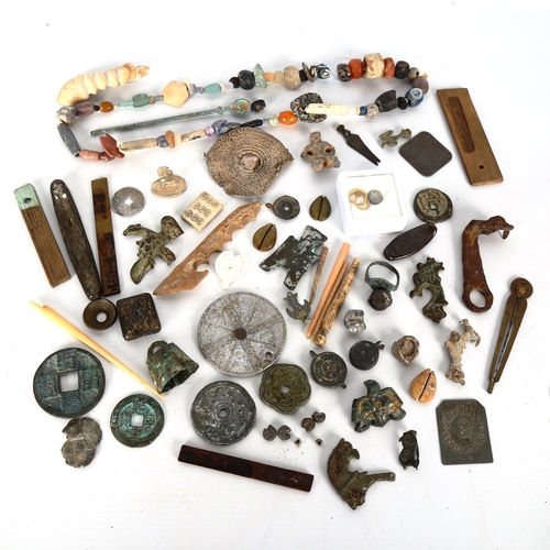 1095 - A group of Antiquities, including glass and faience bead necklace, unmarked gold earrings, possibly ... 