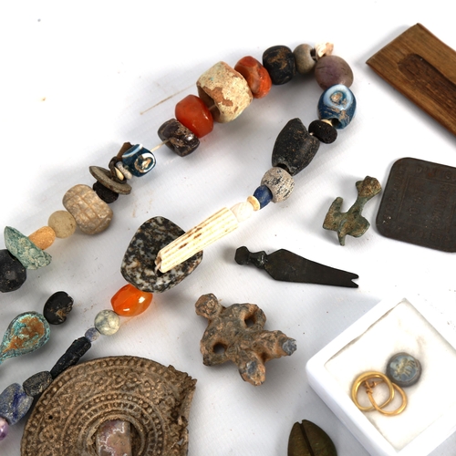 1095 - A group of Antiquities, including glass and faience bead necklace, unmarked gold earrings, possibly ... 