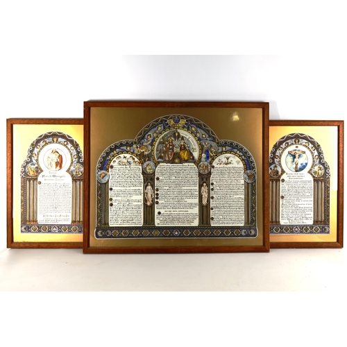 1118 - A triptych of ecclesiastical watercolours, late 19th/early 20th century, in hand painted surrounds w... 