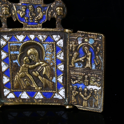 1127 - A 19th century Greek bronze and enamel miniature triptych, with 2 front cover door revealing relief ... 