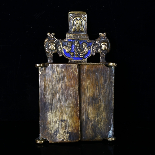 1127 - A 19th century Greek bronze and enamel miniature triptych, with 2 front cover door revealing relief ... 