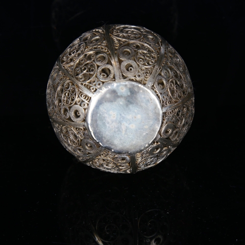 1136 - An unmarked Continental white metal filigree ball-shaped spice container, early 20th century, height... 