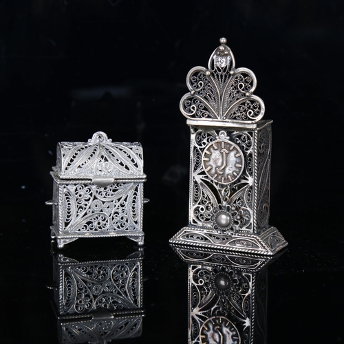 1137 - 2 unmarked white metal filigree spice boxes, 1 in the form of a mantel clock, height 8cm, the other ... 