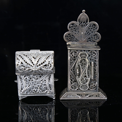 1137 - 2 unmarked white metal filigree spice boxes, 1 in the form of a mantel clock, height 8cm, the other ... 