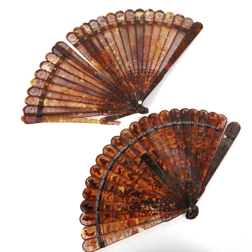 1139 - 2 early 19th century Chinese tortoiseshell brise fans, length 22cm and 18.5cm (2) (A/F)