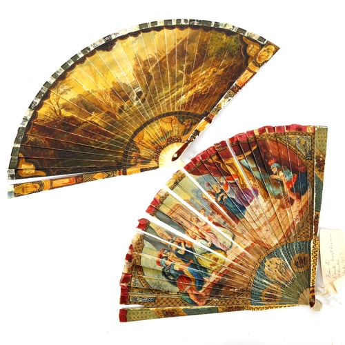 1140 - 2 early 18th century Italian ivory fans, with hand painted and gilded decoration, length 21cm