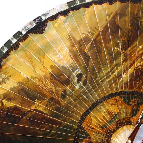 1140 - 2 early 18th century Italian ivory fans, with hand painted and gilded decoration, length 21cm