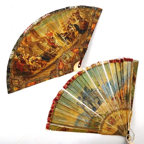 1140 - 2 early 18th century Italian ivory fans, with hand painted and gilded decoration, length 21cm