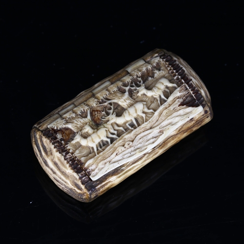 1142 - A 19th century Bavarian staghorn snuffbox, with relief carved stag design lid, length 7.5cm