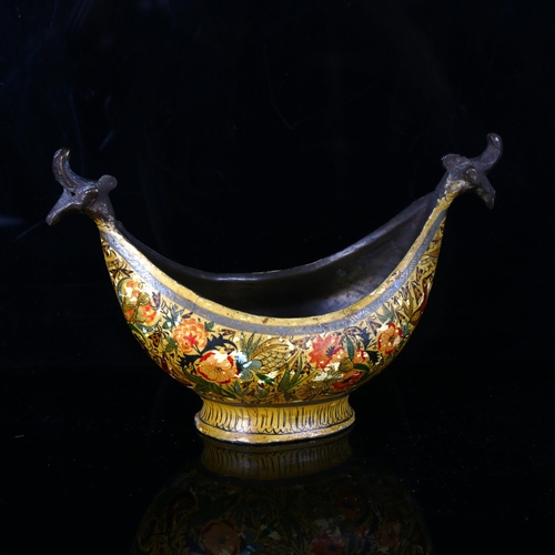 1164 - A Kashmir brass bowl with painted birds and flowers, early 20th century, length 15cm