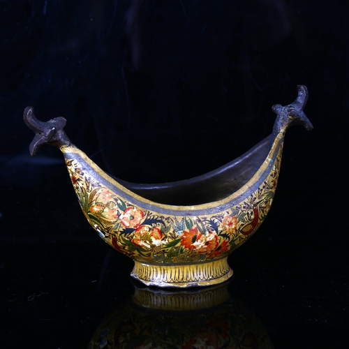 1164 - A Kashmir brass bowl with painted birds and flowers, early 20th century, length 15cm